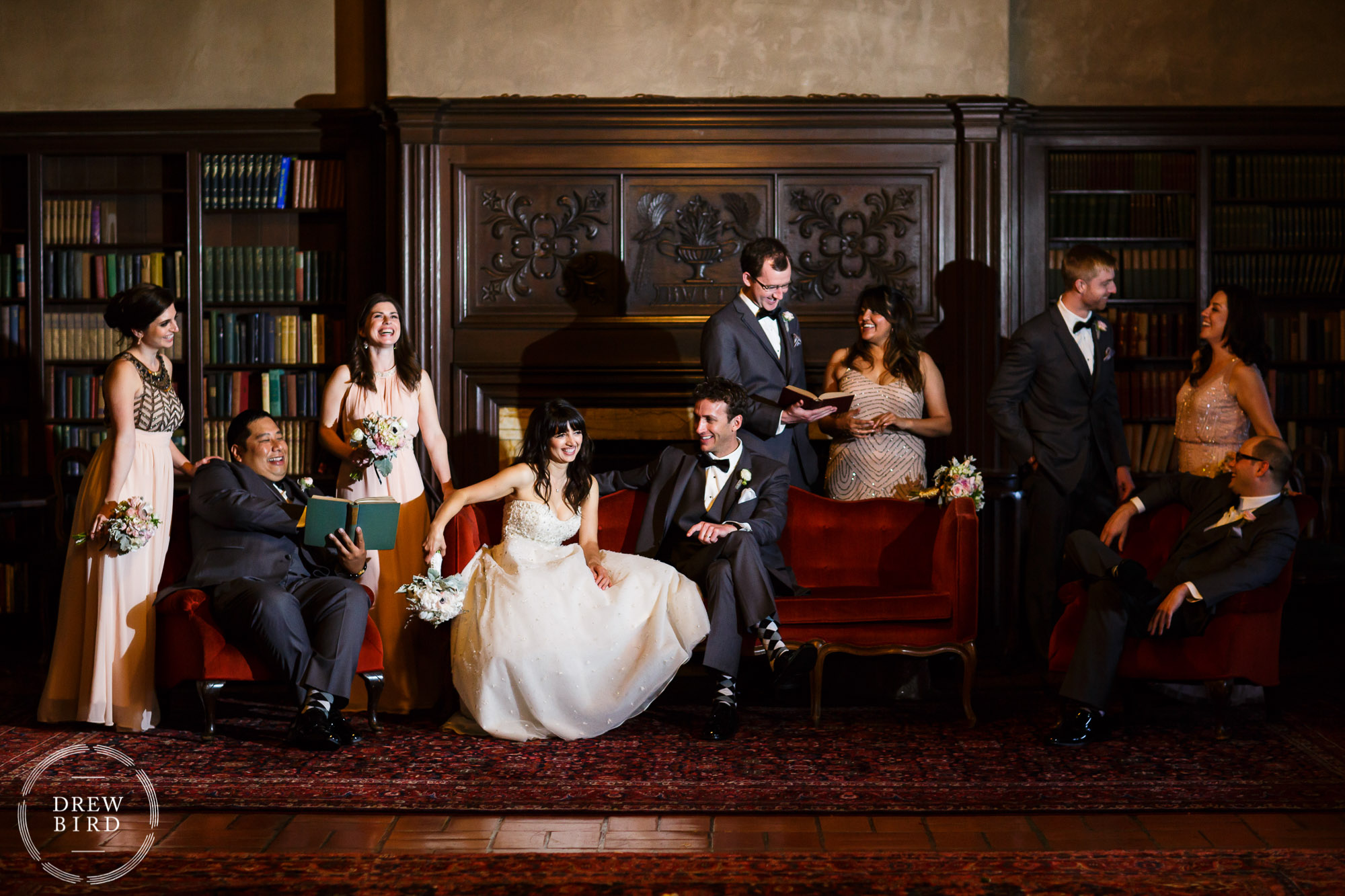 Unique wedding party portrait in library room at the Berkeley City Club. Persian wedding photography by Oakland photographer Drew Bird.
