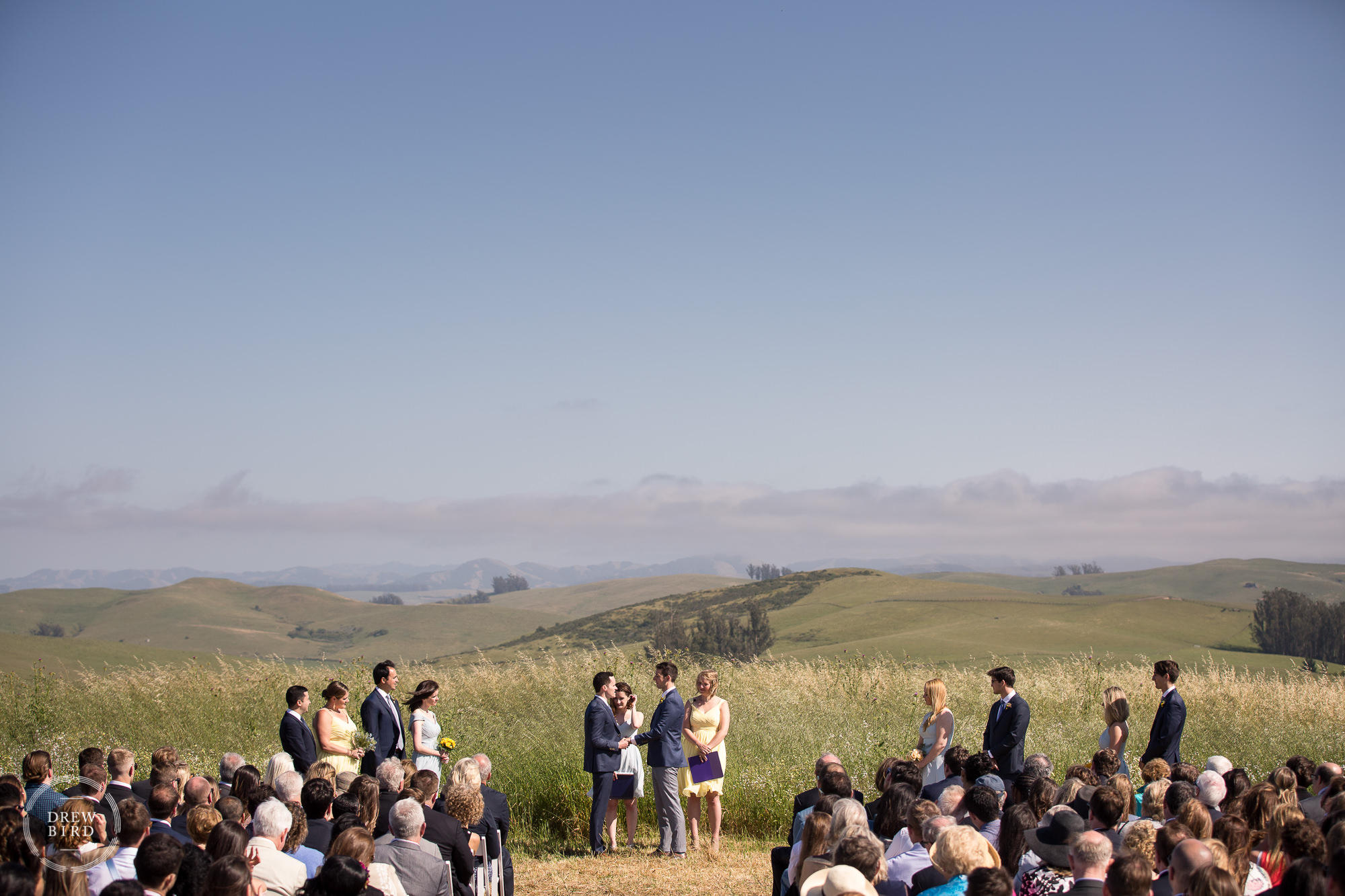 Gay wedding ceremony in a field of wild flowers. Rosewood Estate wedding venue in Petaluma and Sonoma California.