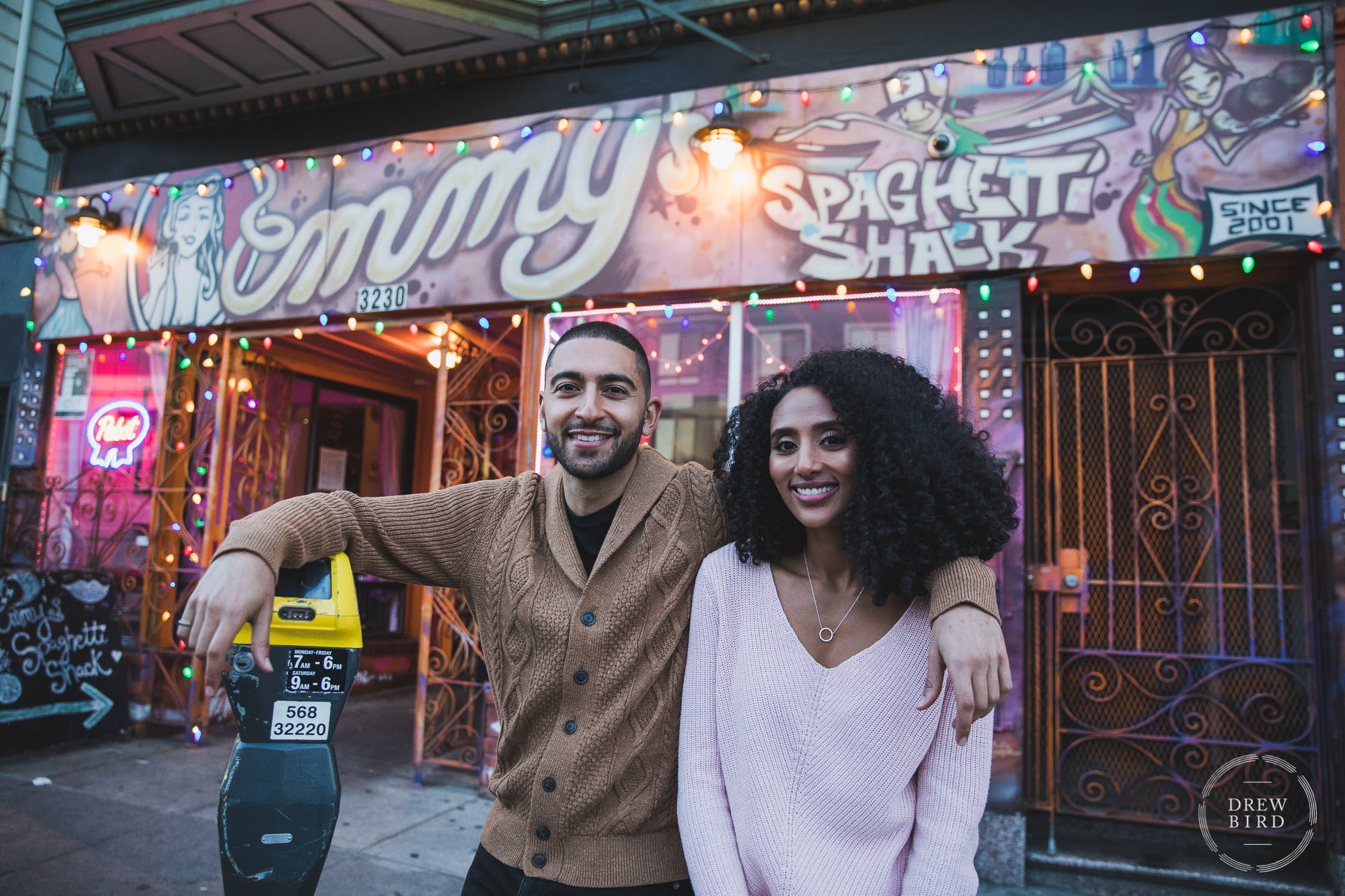 SF urban engagement shoot with wedding couple at Emmy's Spaghetti Shack.